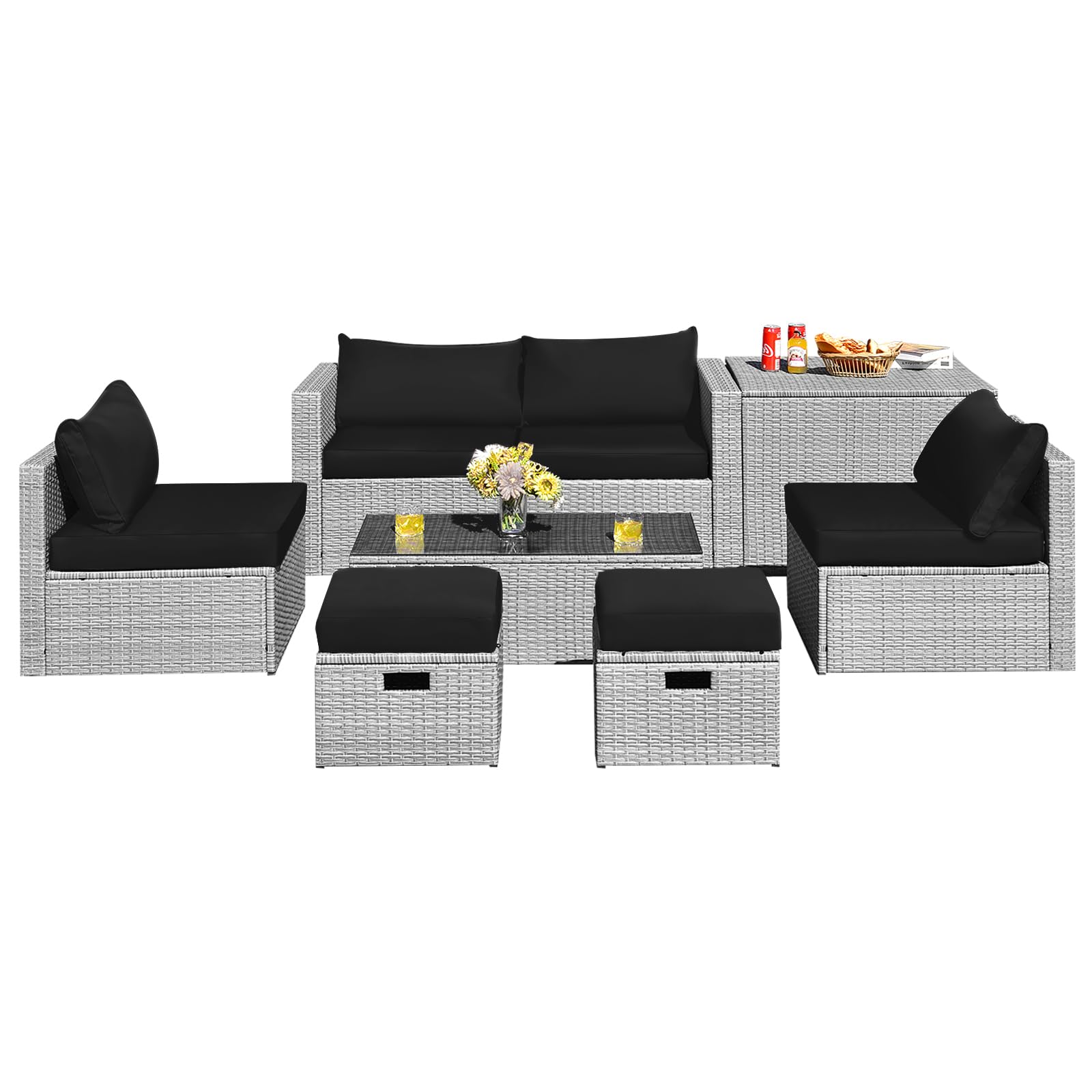 Ensemble de mobilier de patio en osier 8 pièces, table basse, 2 poufs, 2 canapés sans accoudoirs et 2 canapés d'angle